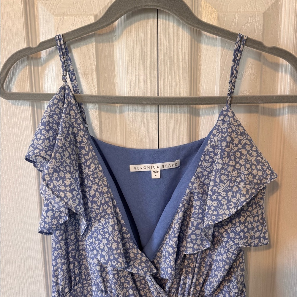 Veronica Beard Blue Spaghetti Strap Ruffle Ruched Midi Dress Spring/Summer Sz 6 - Picture 3 of 12